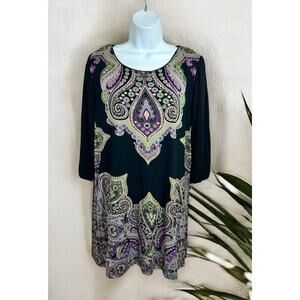 Cha Cha Vente Boho Tunic Top Sz XL Paisley 38/4 Sleeve Blouse Bohemian Long Fit